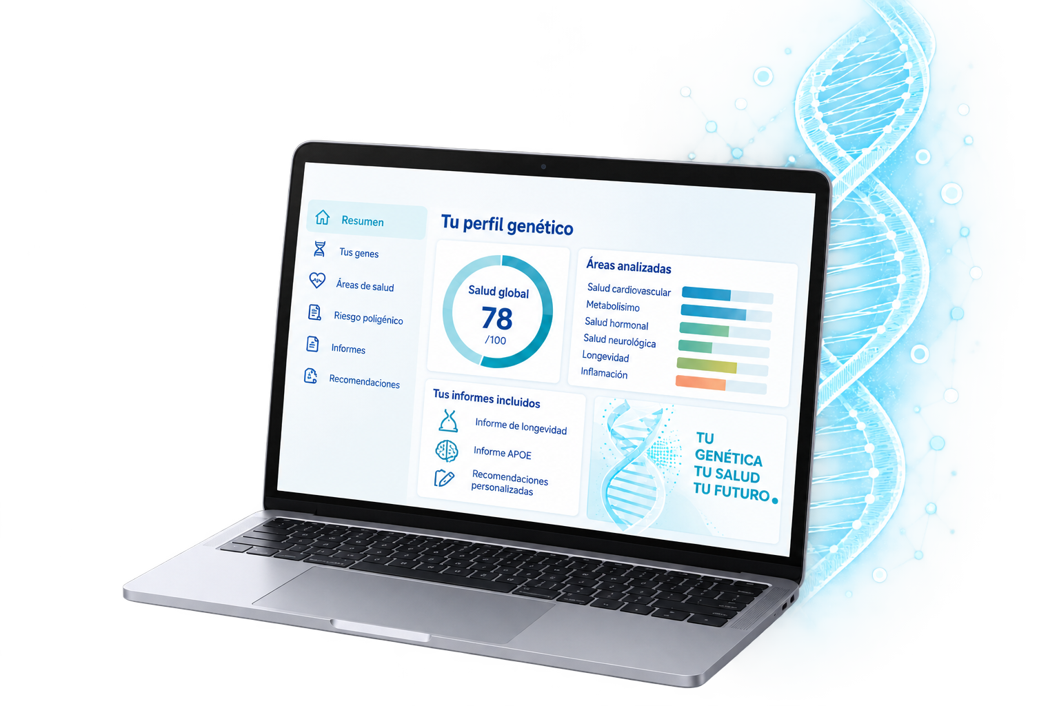 Laptop showing an illustrative genetic report with a DNA helix